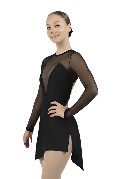 Side view of black figure skate dress with sheer sleeves