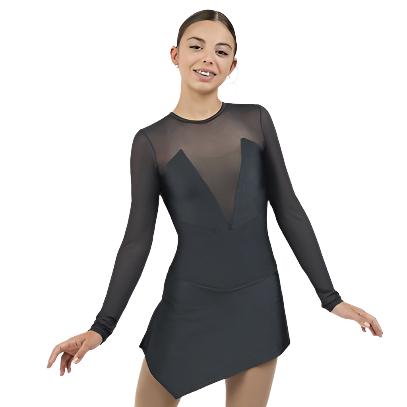 Black shiny nylon figure skate dress with sheer sleeves