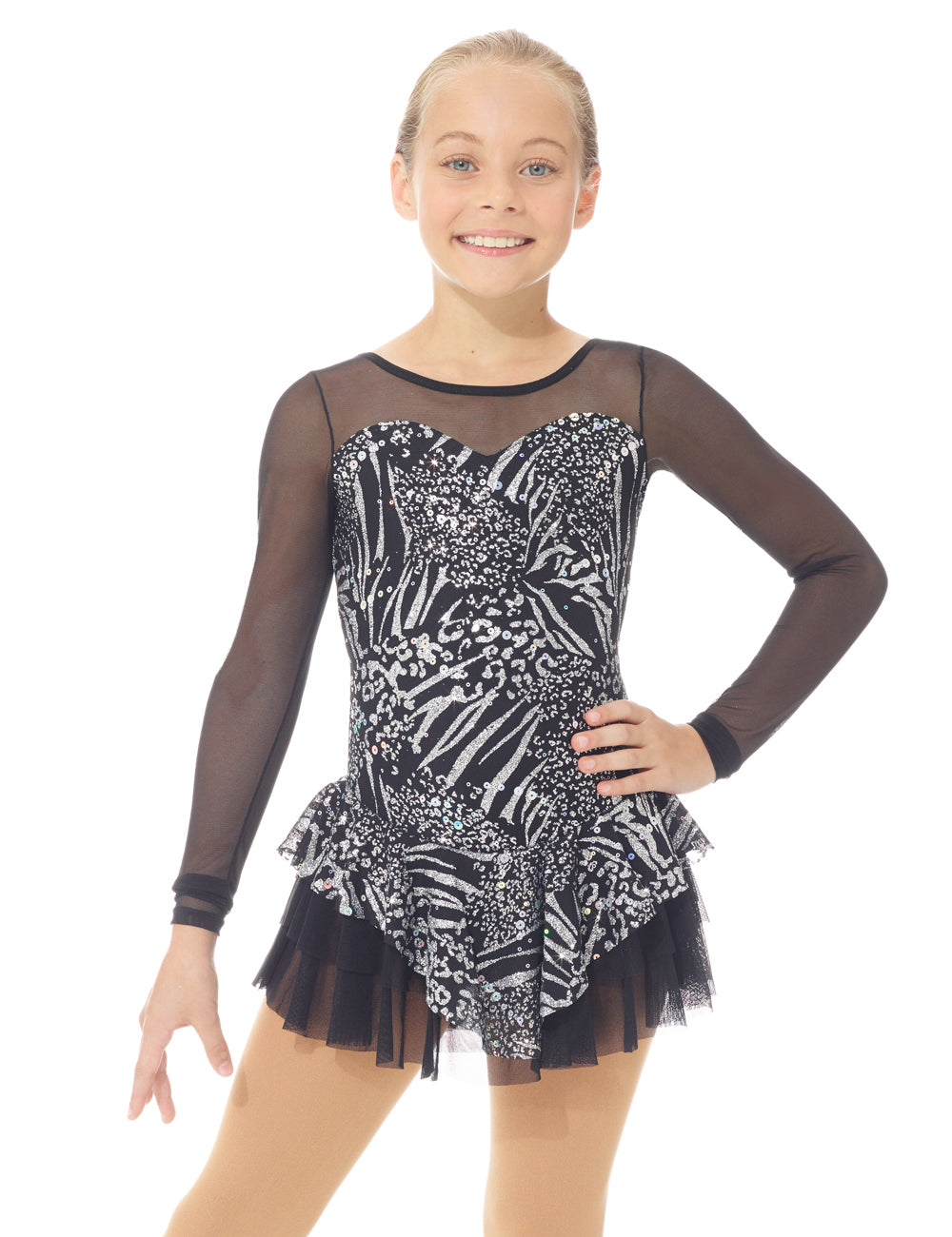 Black sparkly figure skate dress with long sleeves, front view