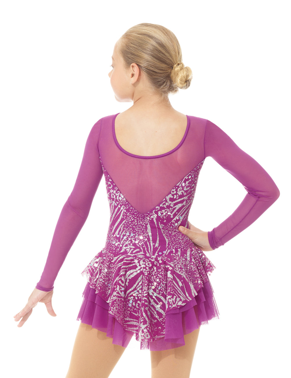 Purple sparkly figure skate dress with long sleeves, back view