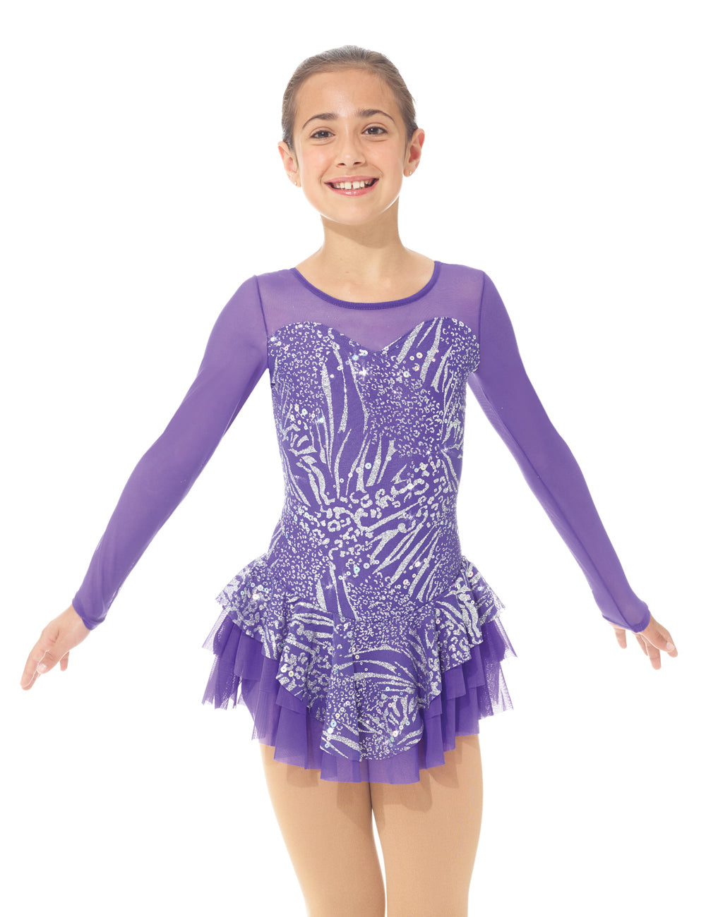 Lavender sparkly figure skate dress with long sleeves, front view