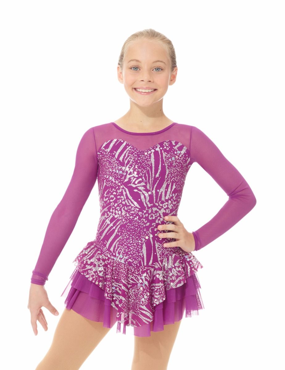 Purple sparkly figure skate dress with long sleeves, front view