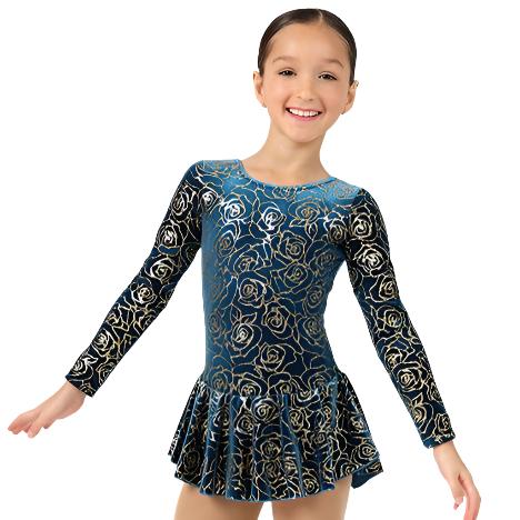 Gold floral patterned figure skate dress with long sleeves