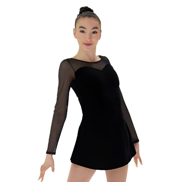 Black velvet figure skate dress with sheer sleeves, front view.