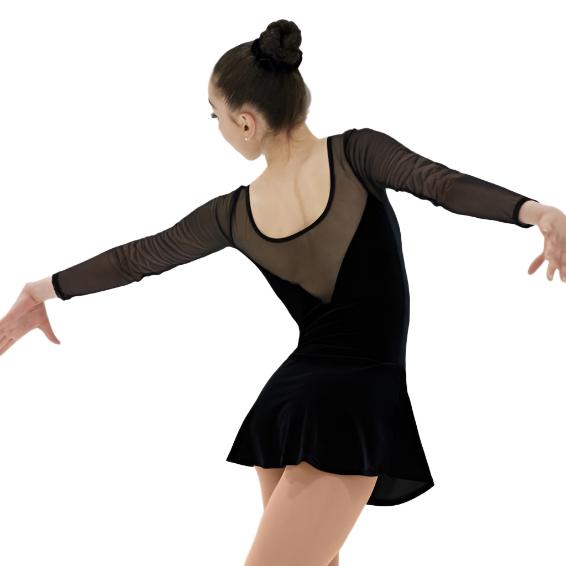 Black velvet figure skate dress with sheer sleeves, back view.