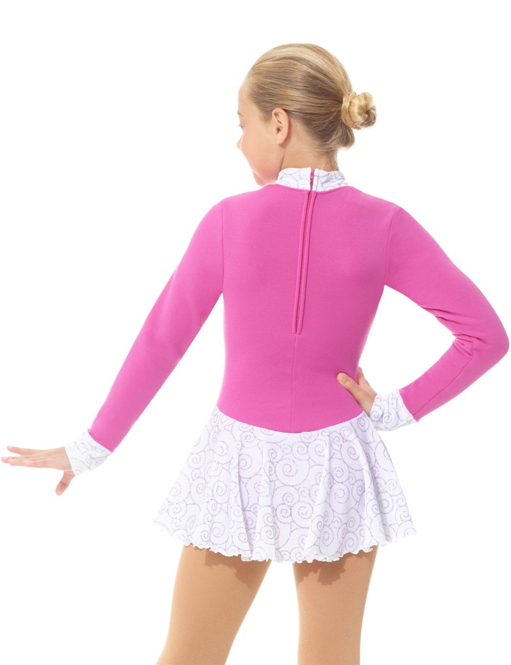 Back view of pink Mondor Polartec figure skate dress