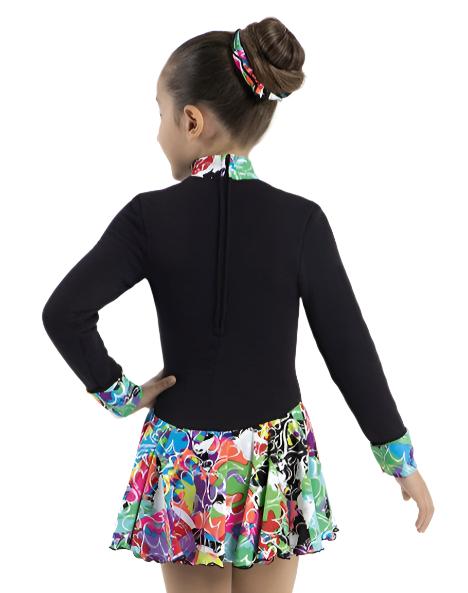 Back view of black Polartec skate dress with colorful accents