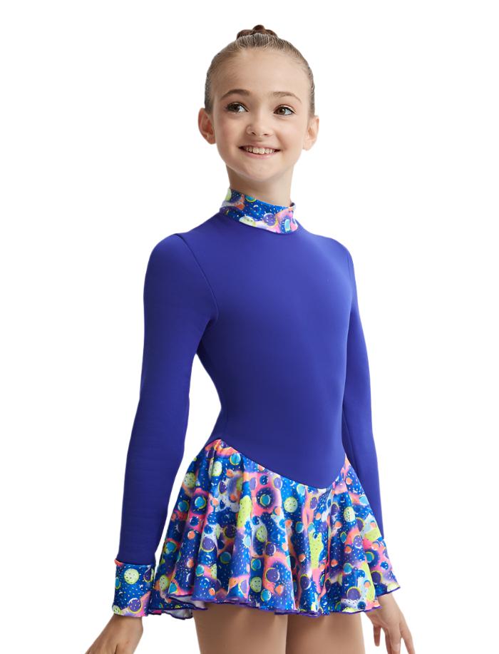 Blue Polartec figure skate dress with colorful skirt