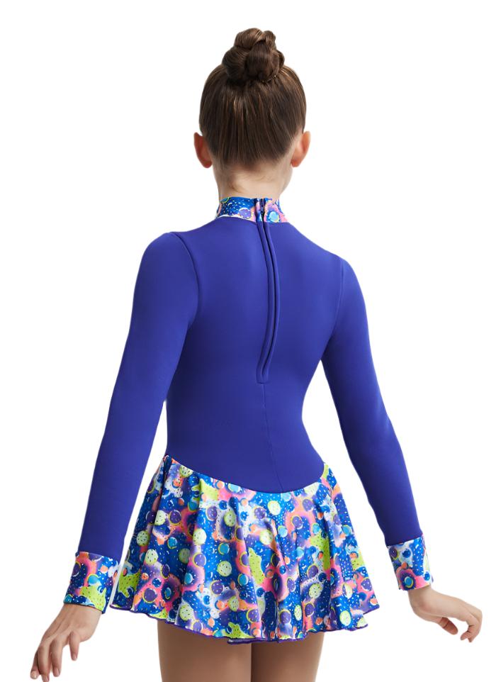 Back view of blue Polartec skate dress with vibrant skirt