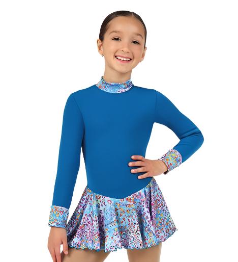 Teal Polartec figure skate dress with multicolor skirt