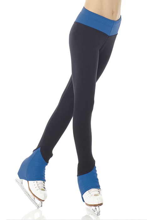 Blue Polartec skating leggings with skate covers