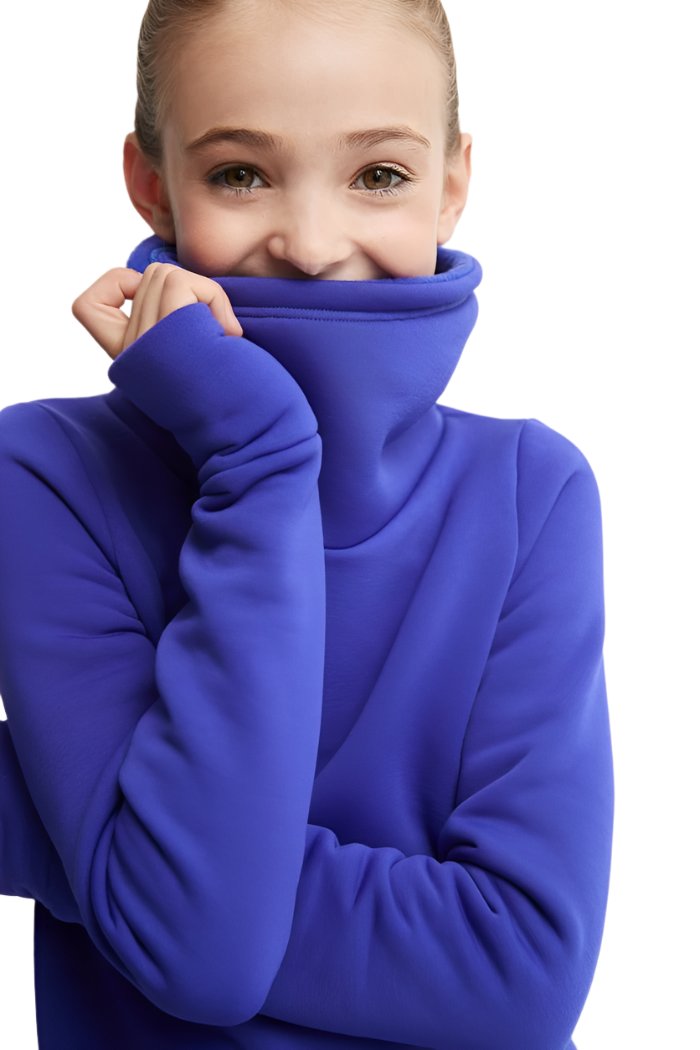 Close-up of blue Mondor sweater with high neck