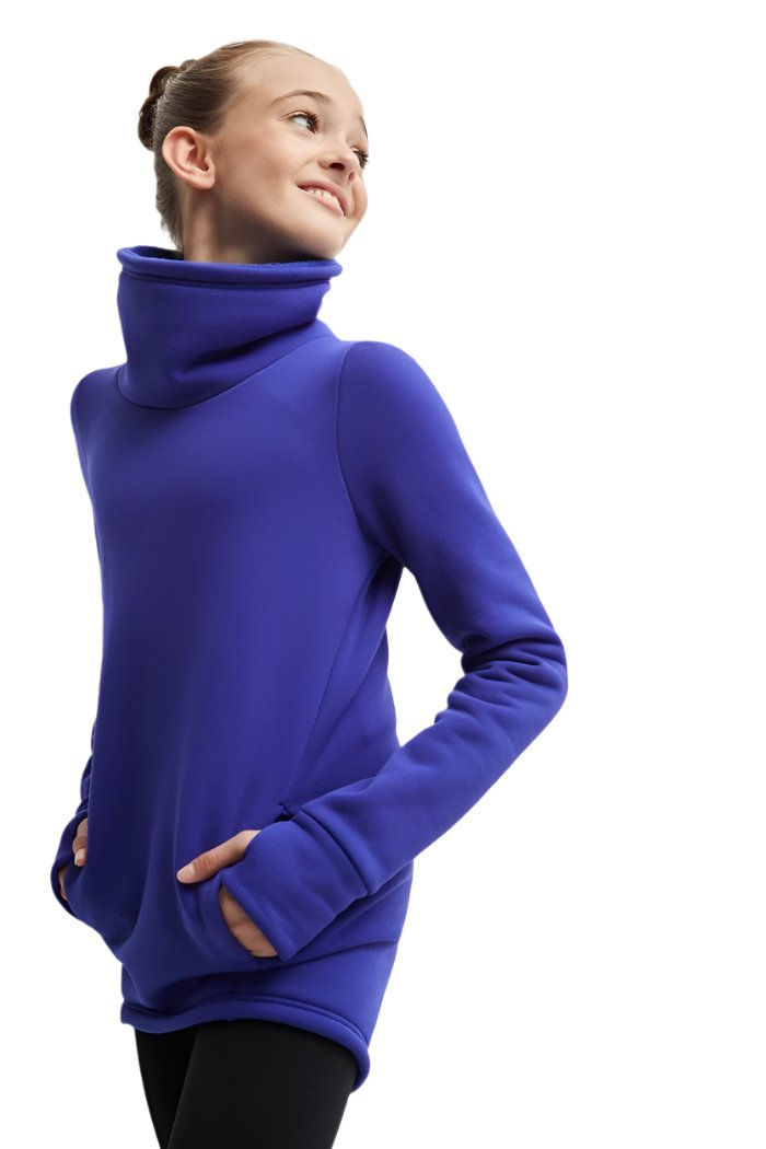 Side view of blue Mondor skating sweater