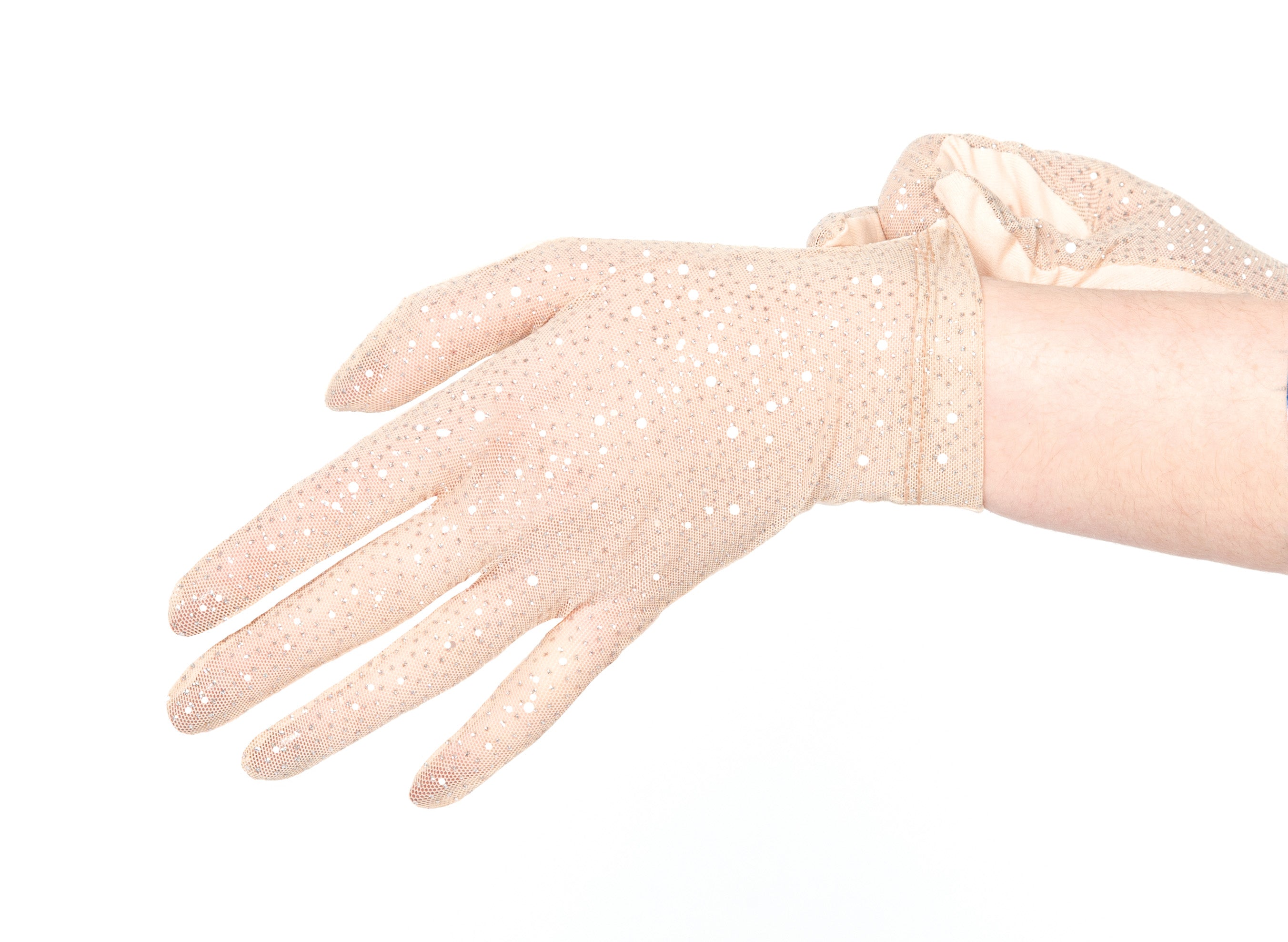 Beige glitter mesh competition glove for ice skating