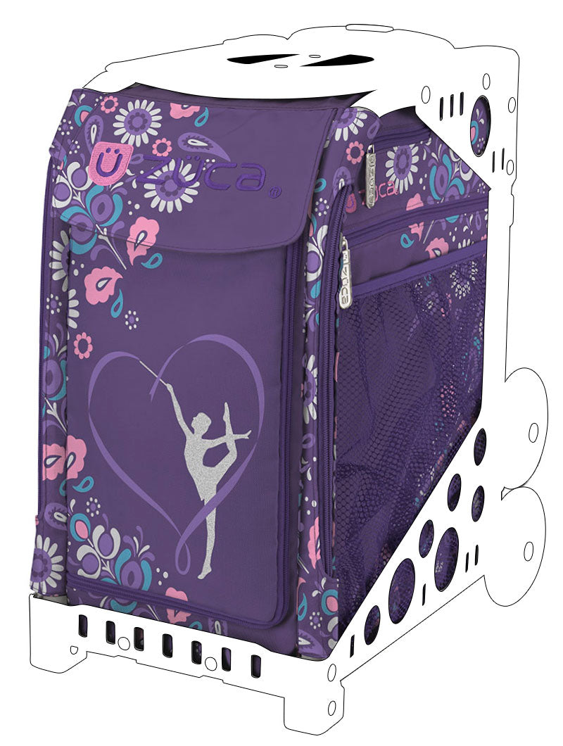 Zuca Sport Tote Bag insert in purple with floral and skater heart design, fits Zuca frames. Great for figure skating or dance gear.