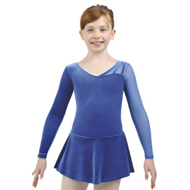 Royal blue long sleeve velvet figure skate dress front view