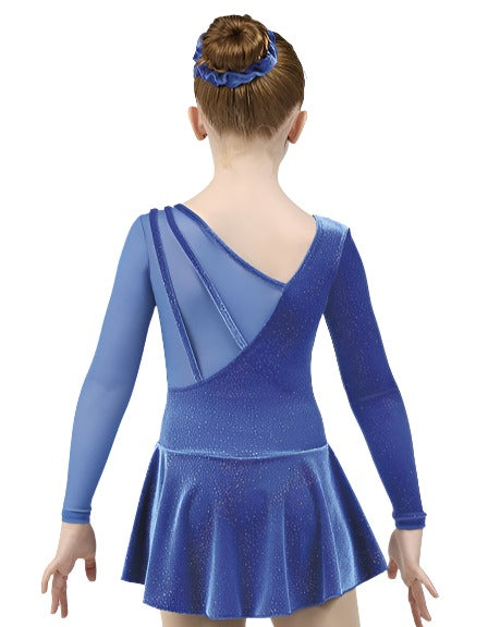 Royal blue long sleeve velvet figure skate dress back view