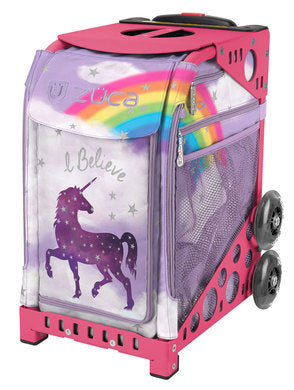 Zuca Sport Tote Bag with purple unicorn and rainbow design, pink frame and mesh pockets. Fun and durable for young figure skaters.