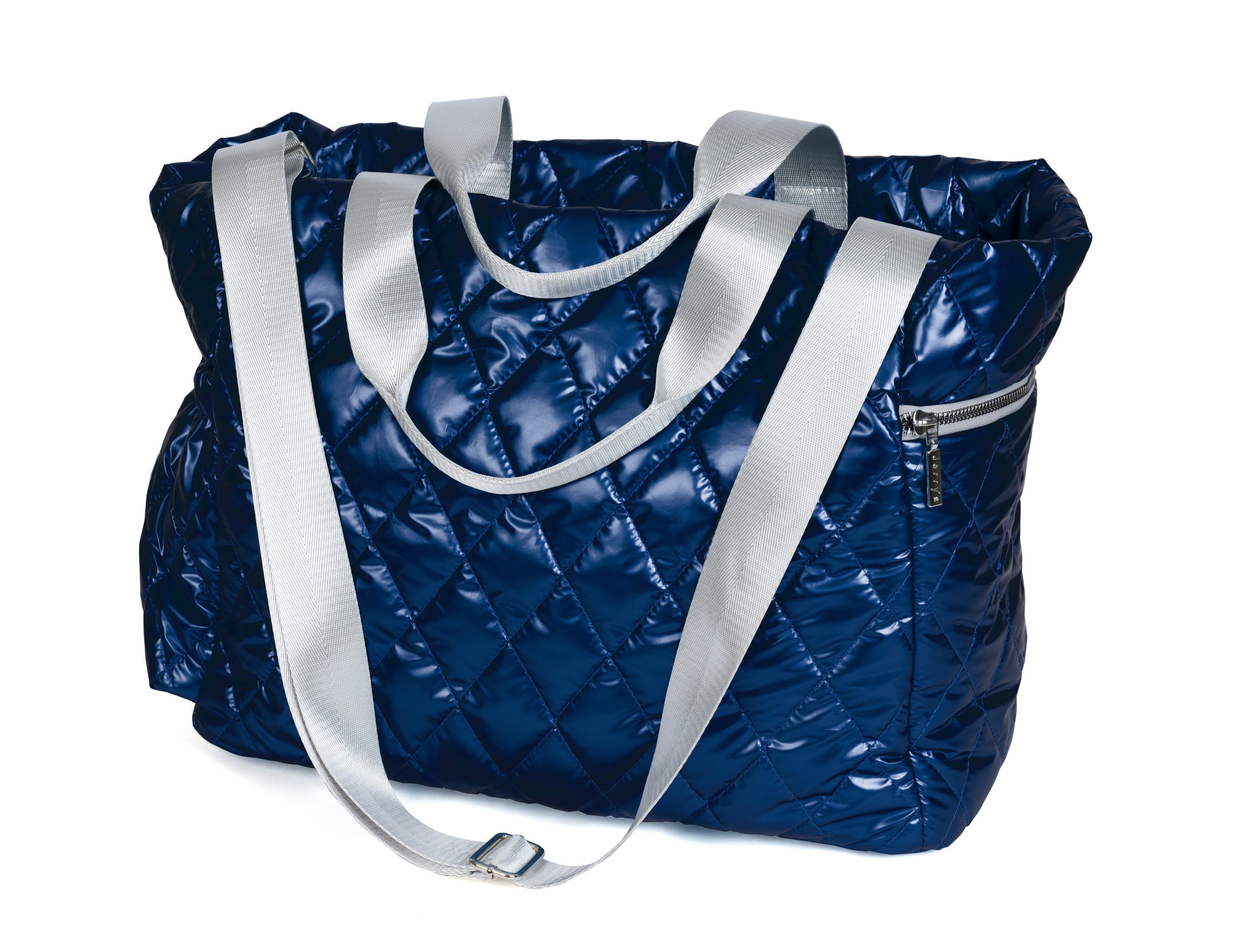 Sapphire quilted puffer skate bag with silver straps