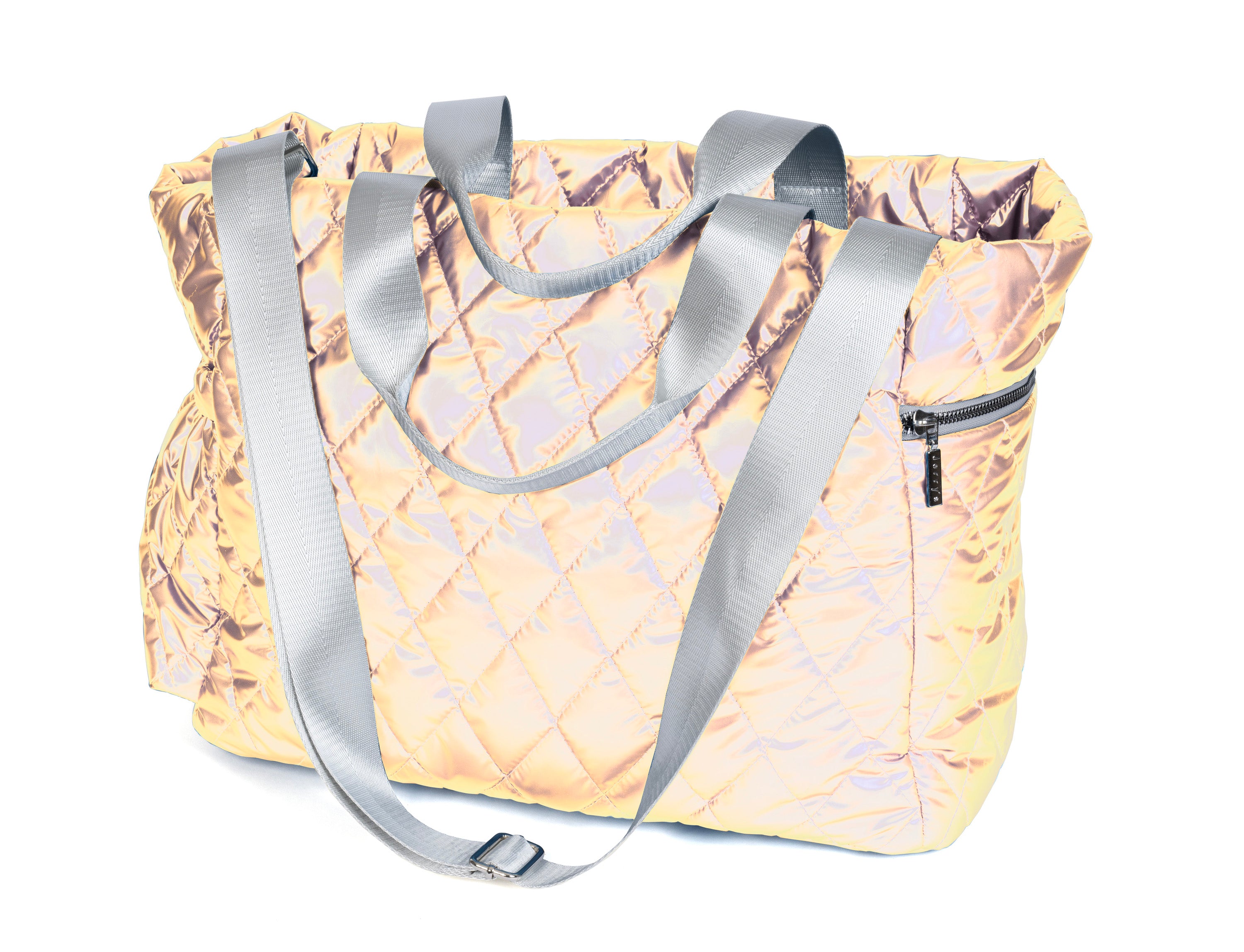 Champagne quilted puffer skate bag with gray straps