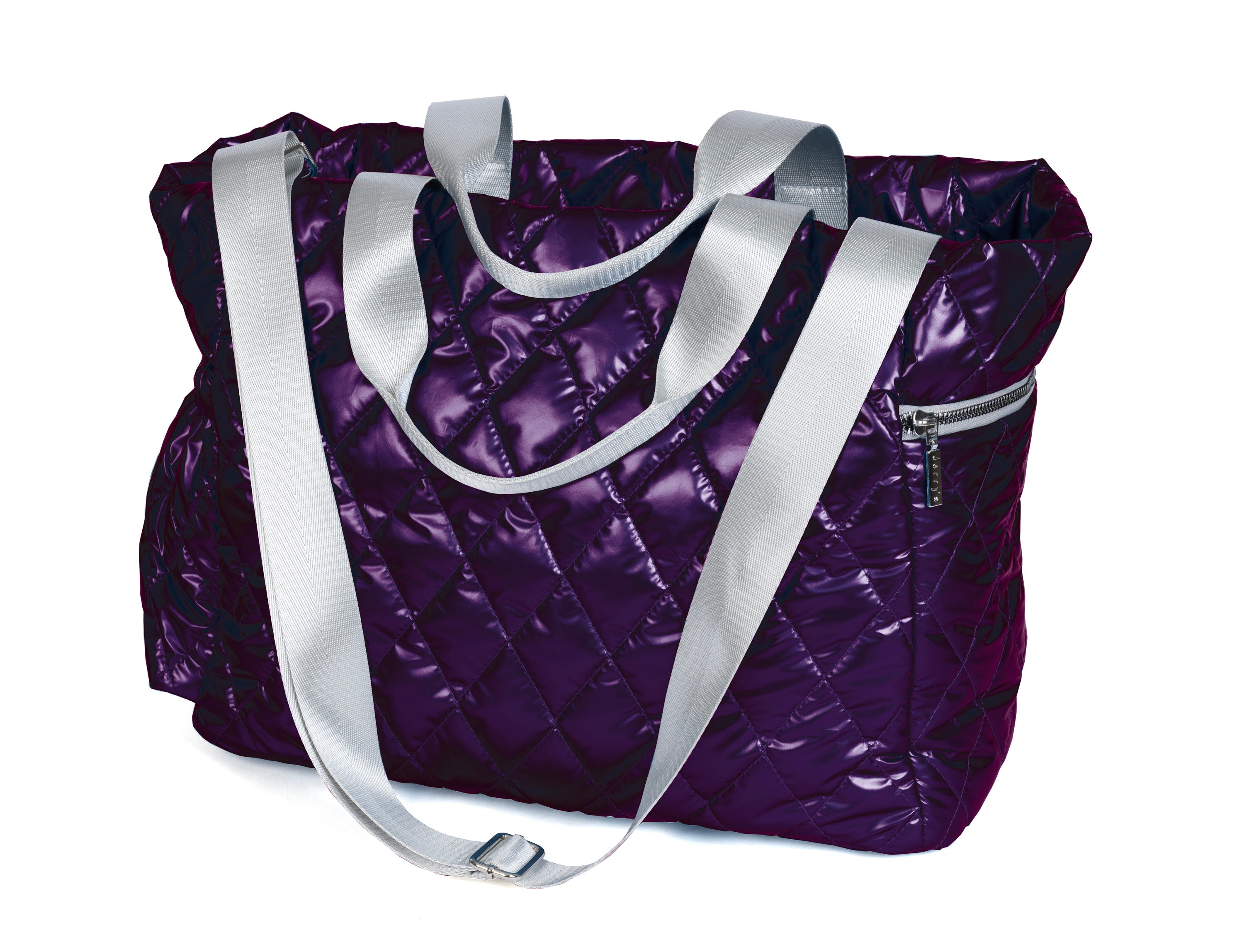 Plum quilted puffer skate bag with gray straps