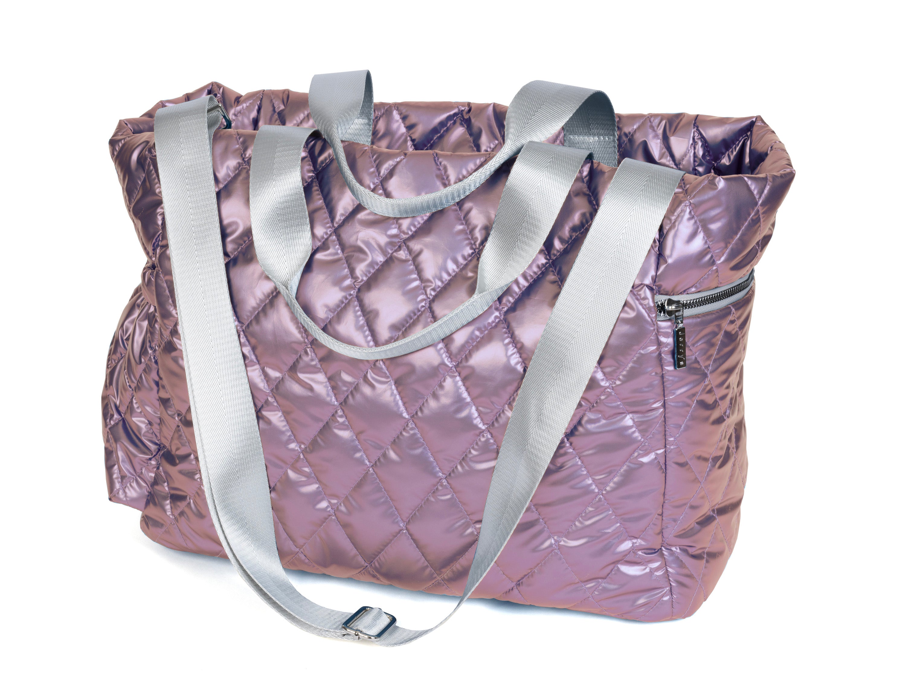 Rose Mauve Quilted Puffer Skate Bag with gray straps