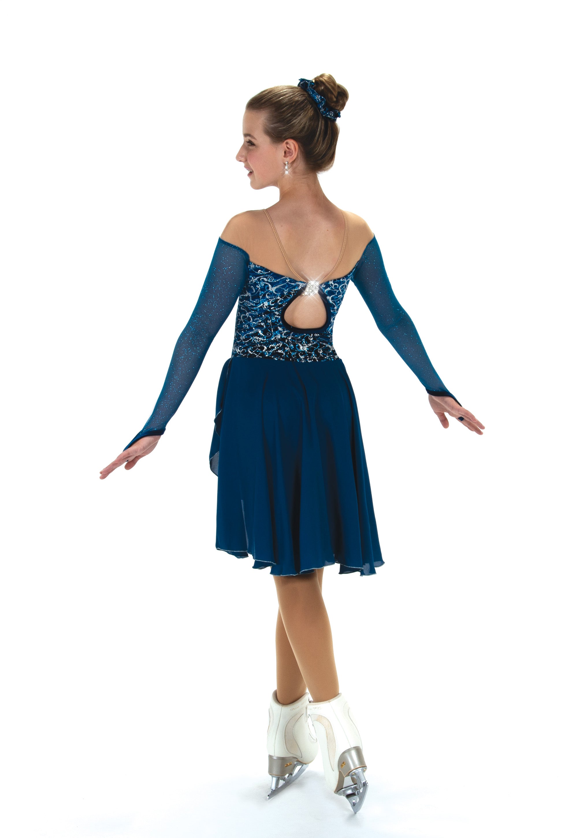 Back view of blue skate dress with keyhole and crystal accent.