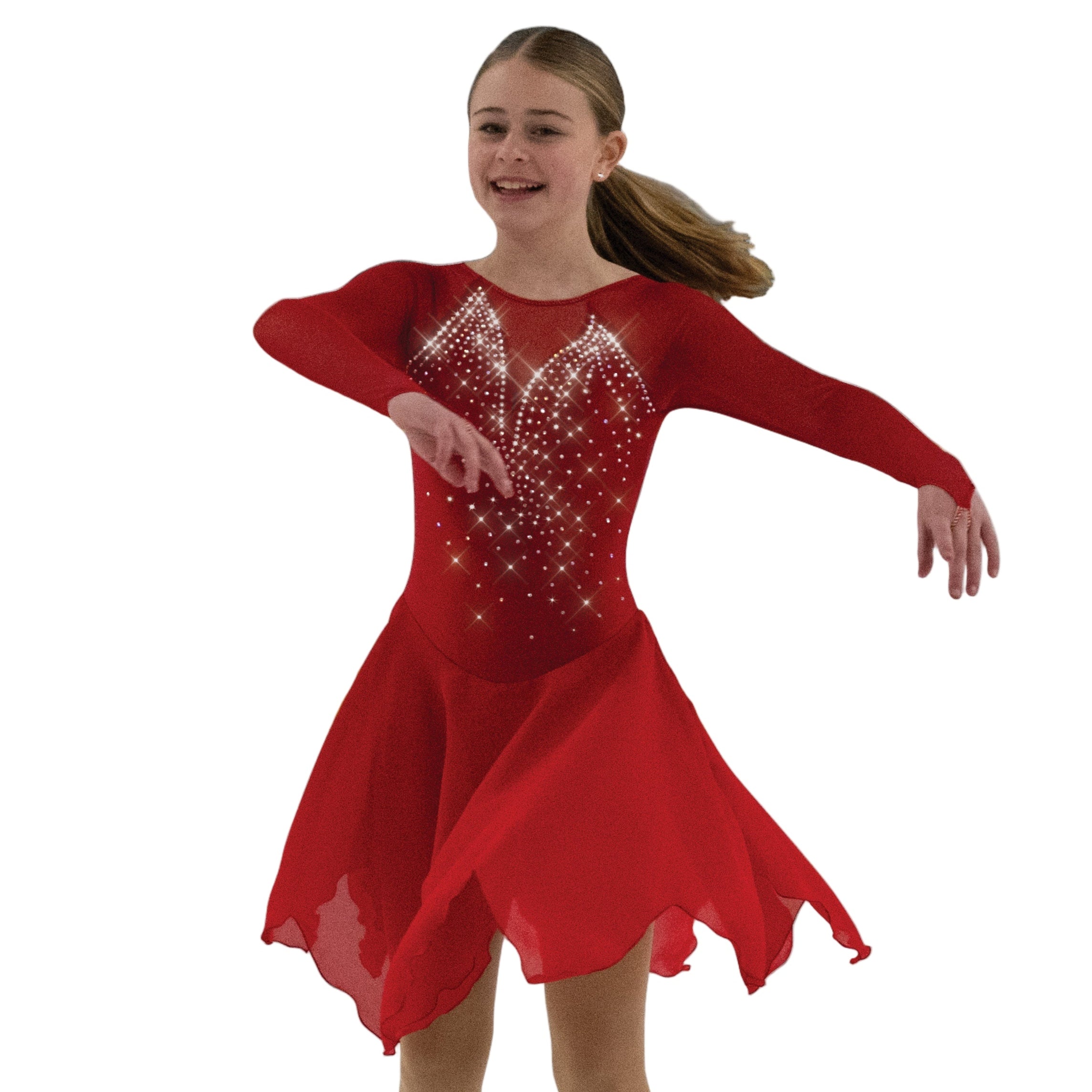 JR209 Rhinestone Skate Dress in vibrant red with crystal embellishments and mesh sleeves, ideal for dance and figure skating performances.