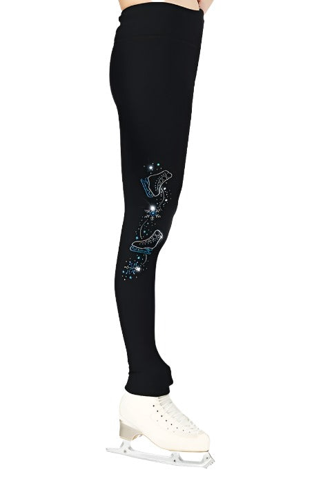 Black leggings with sequin skate design on right leg