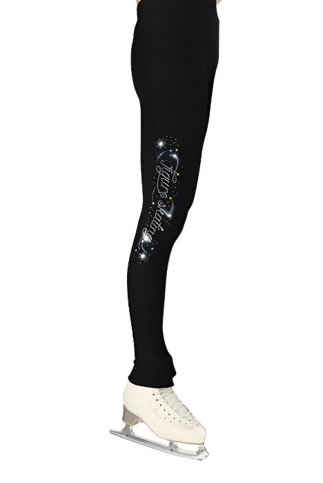 Black leggings with sequin script design on right leg