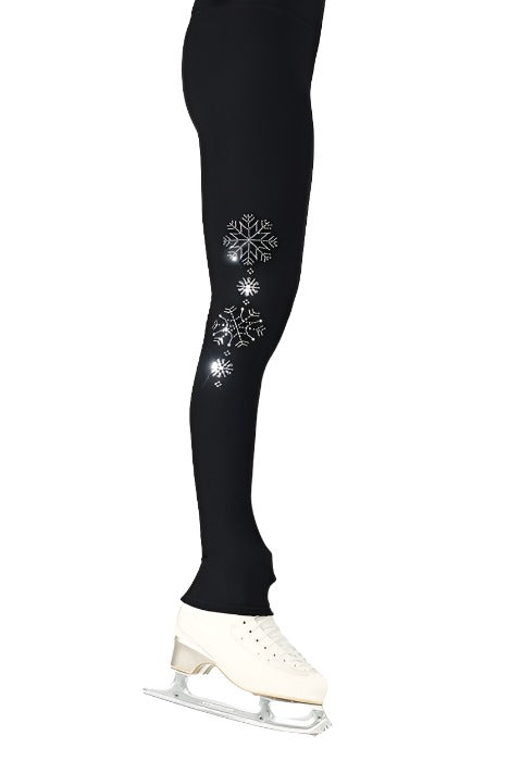 Black leggings with sequin snowflake design on right leg