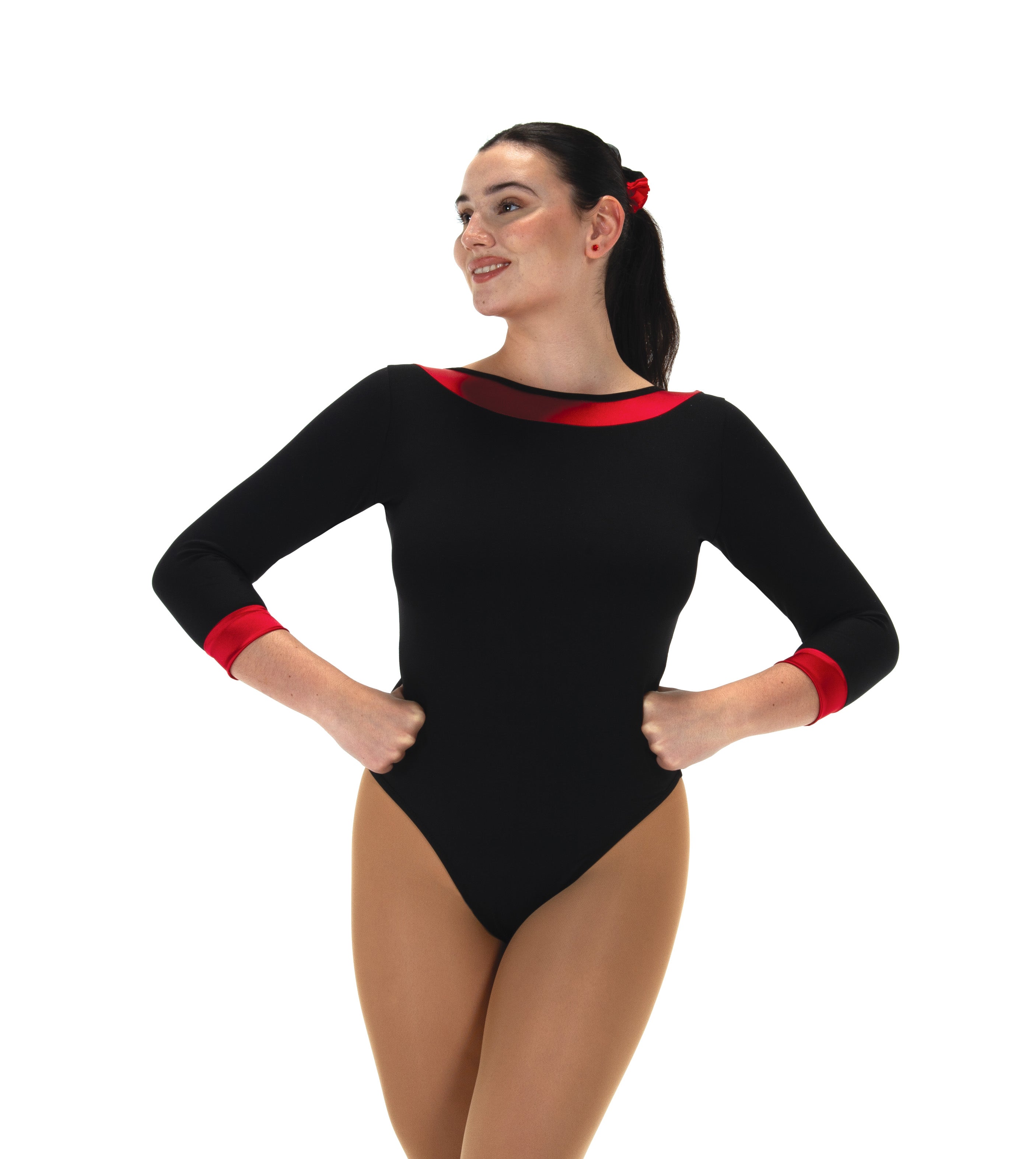 JR284-RD Satin Trim Bodysuit - Red, black with red satin details