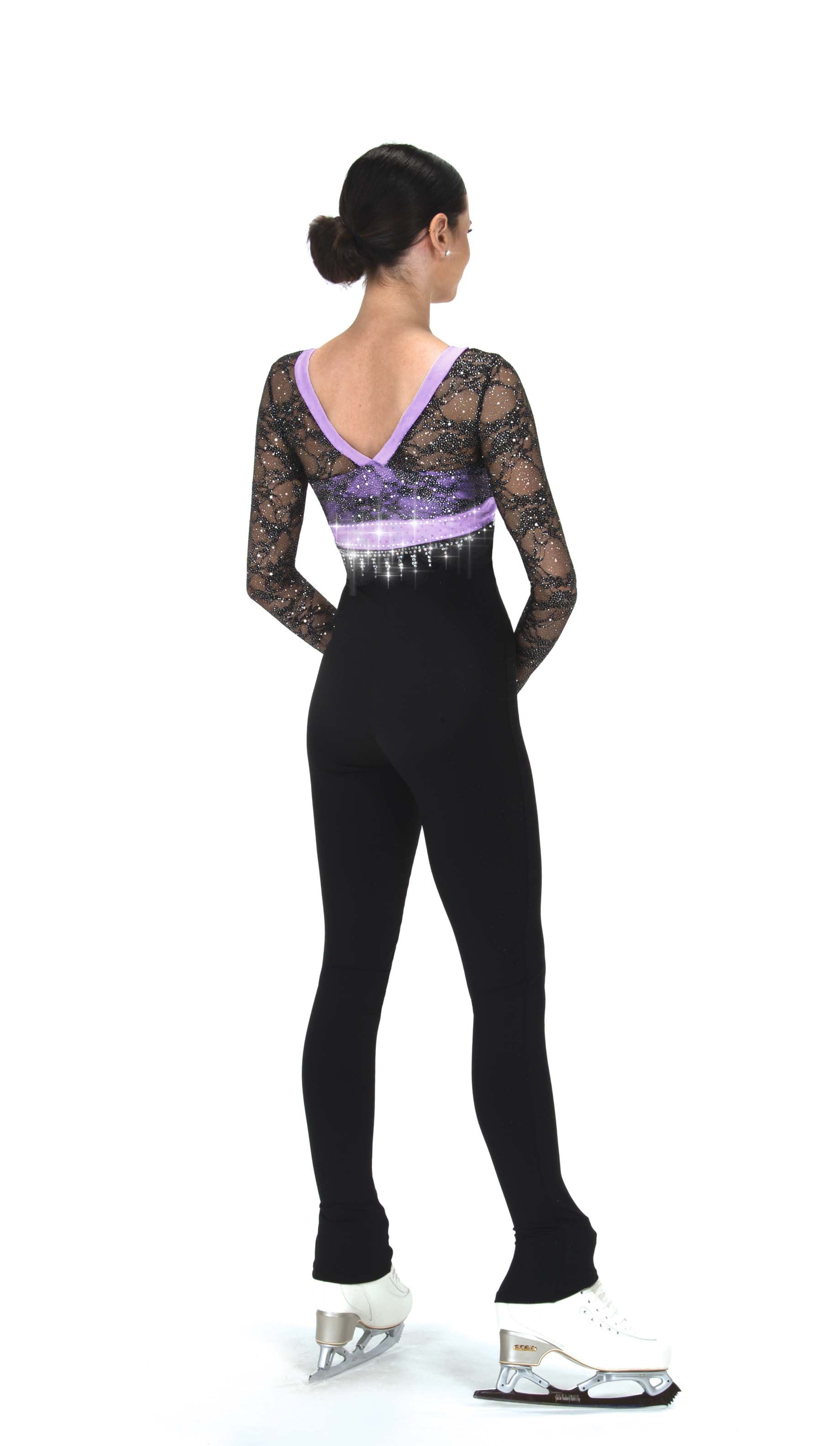 Lilac ice skate tights with lace sleeves, back view