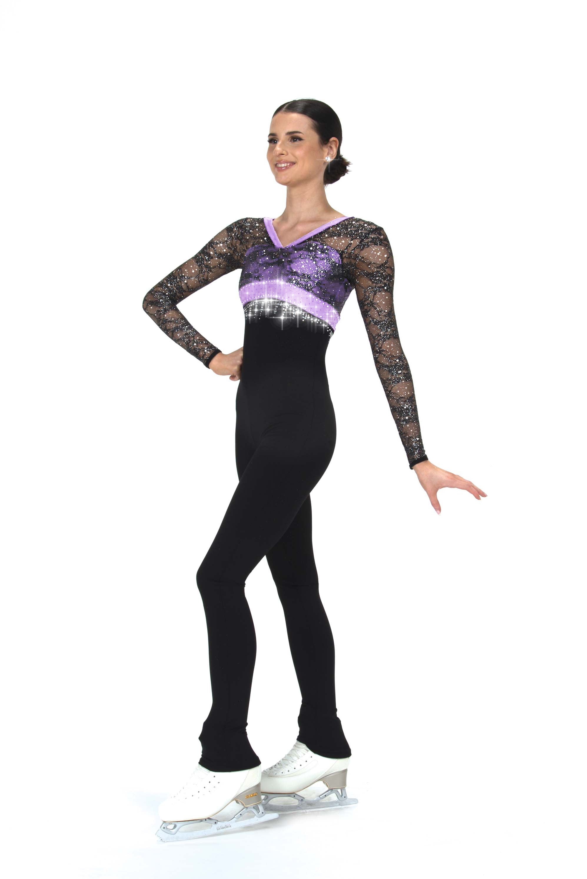 Lilac ice skate tights with lace sleeves, front view