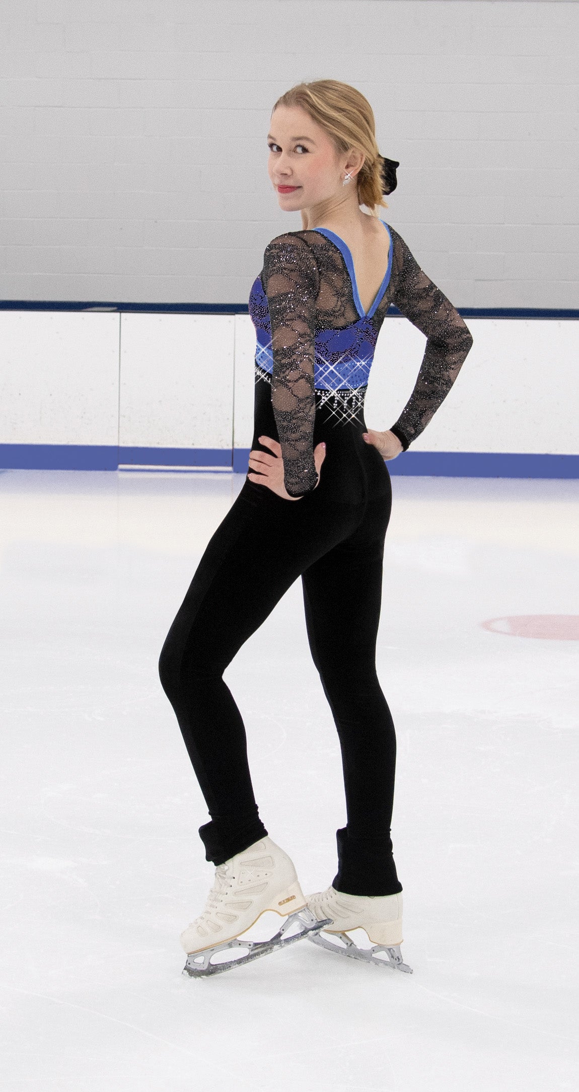 Elegant black ice skate tights with V-neck and lace details