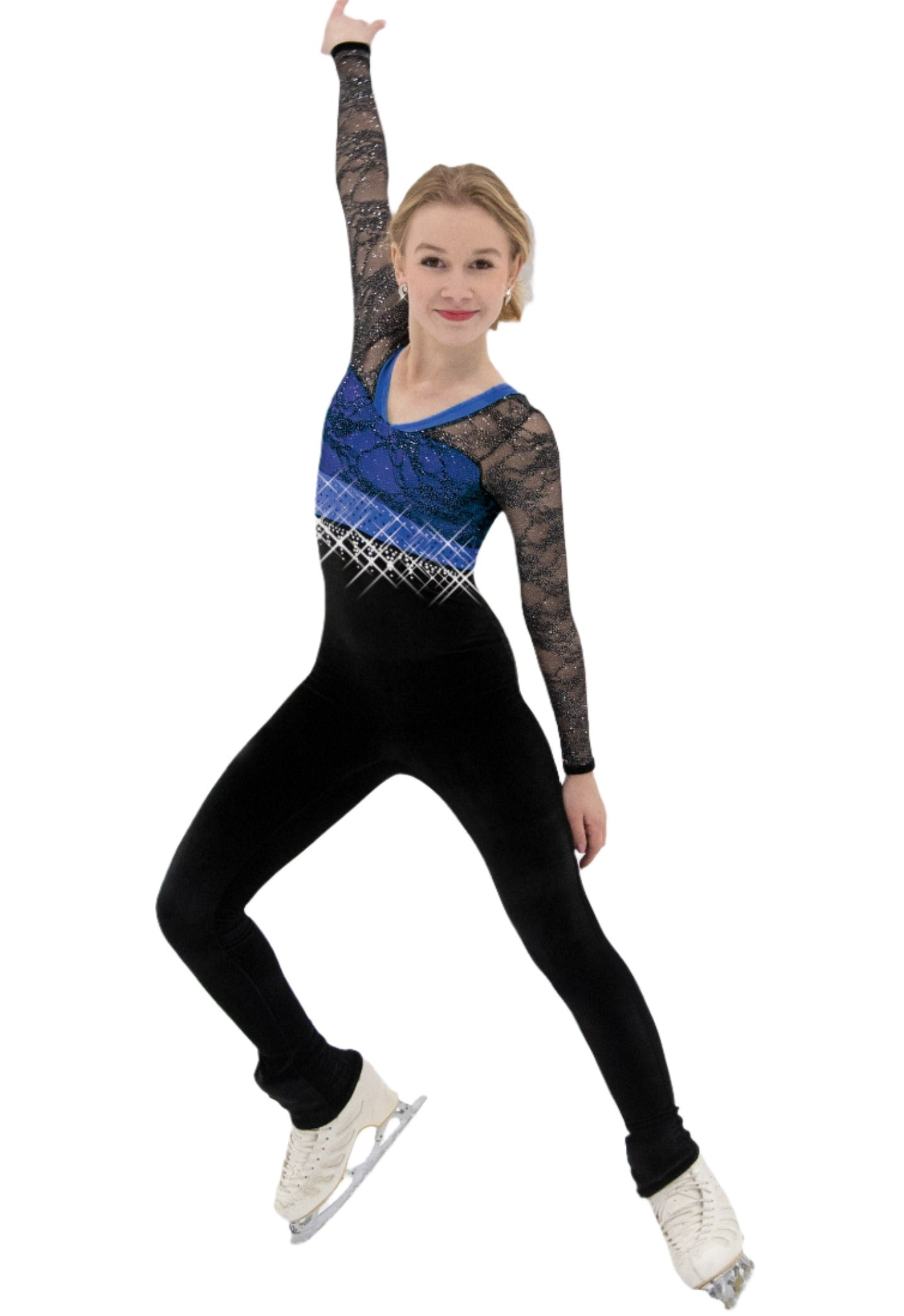 Royal ice skate tights with jewel tone lycra and lace sleeves