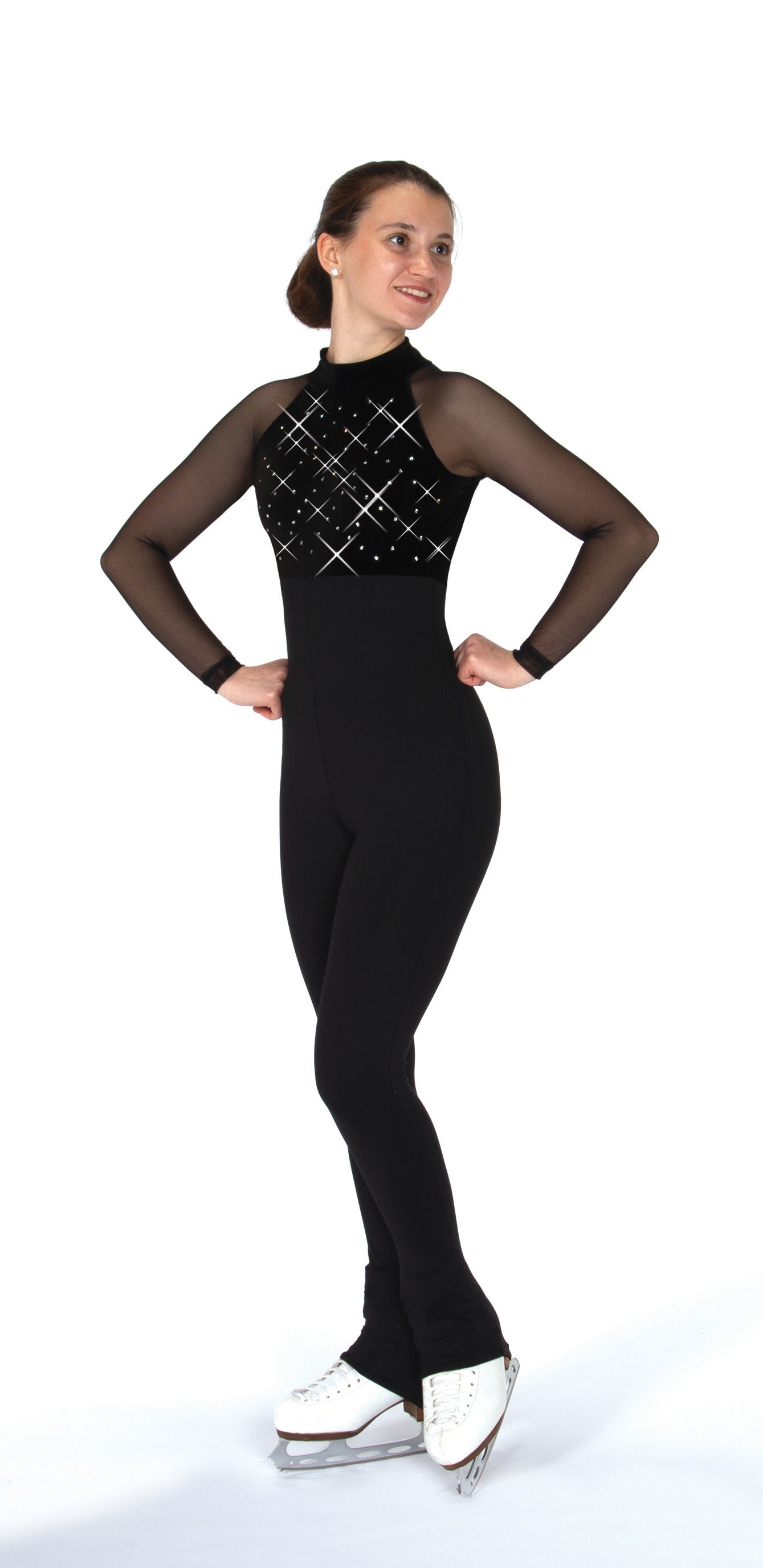 JR292 long sleeve black catsuit with sheer mesh sleeves