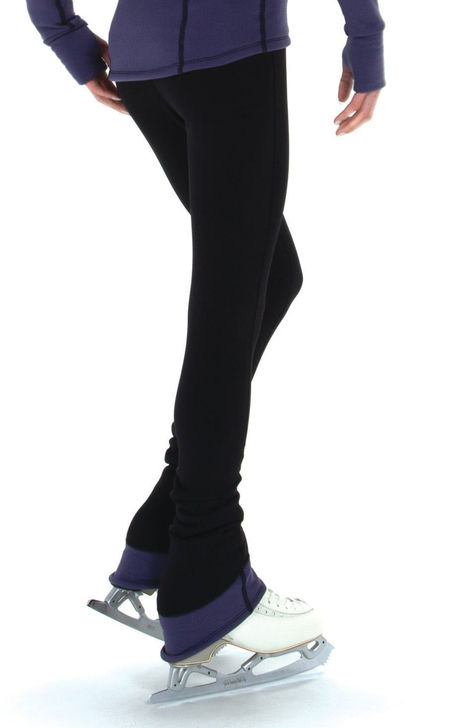 Side view of purple dusk fleece leggings for ice skating