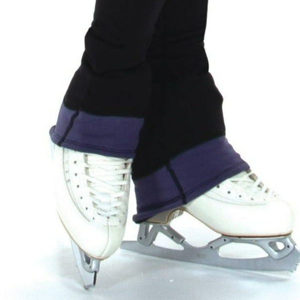 Close-up of purple dusk fleece leggings with skates