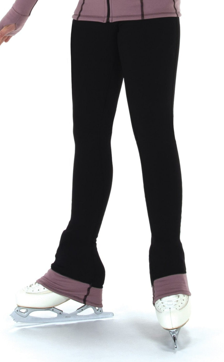 Front view of high waist fleece leggings with skate boots