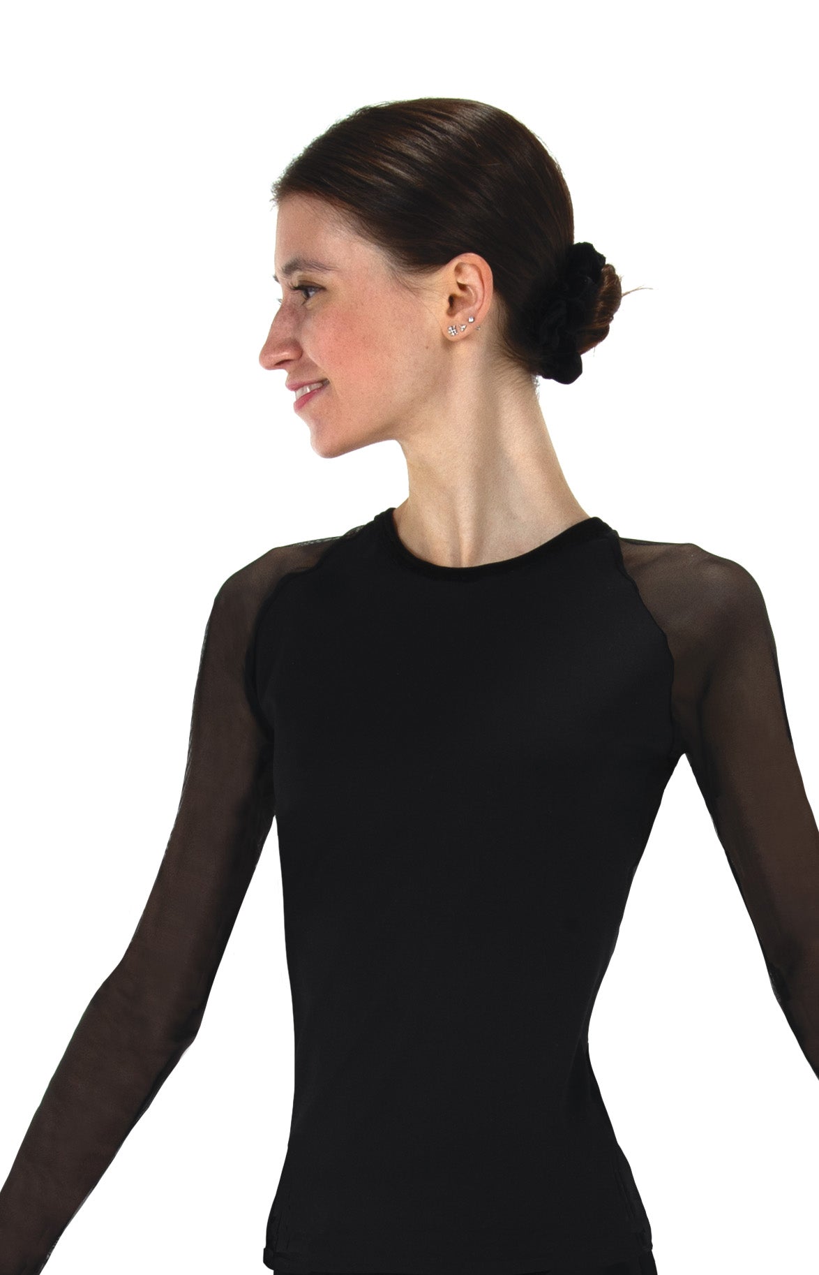 JR412 Mesh X-Back Top with long mesh sleeves, front view