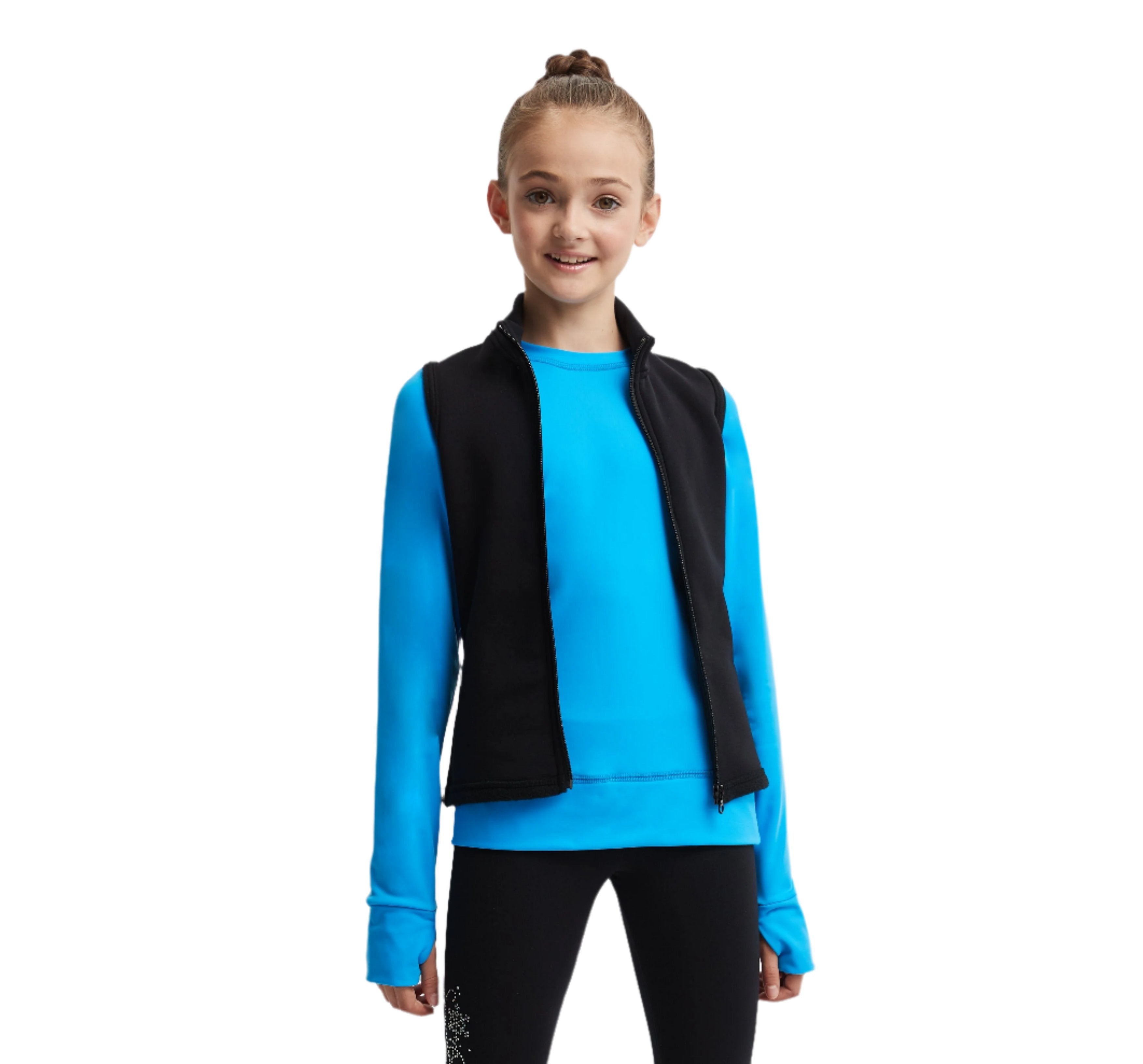 Girl wearing Mondor long sleeve skating shirt with thumb opening