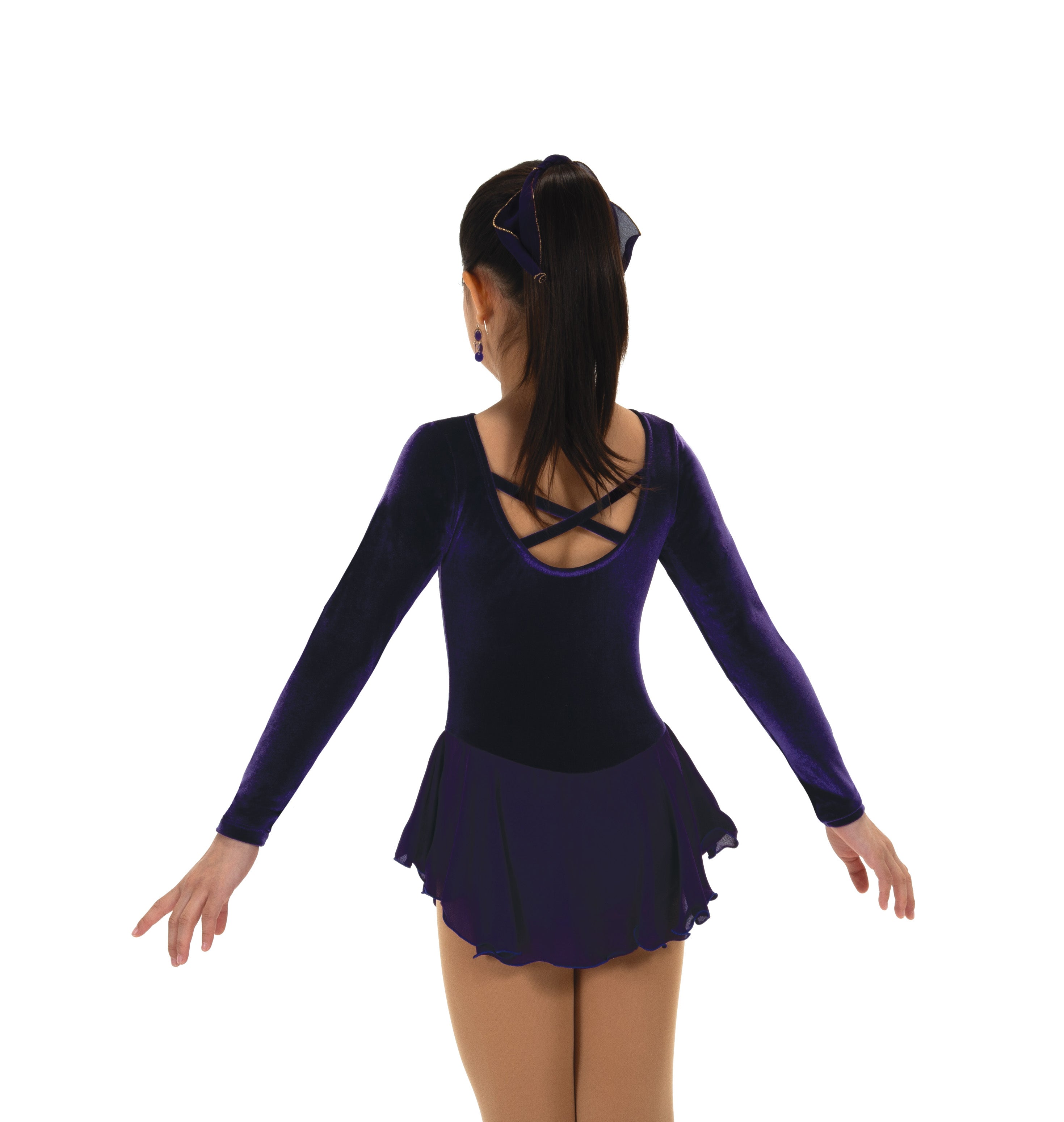 Dark purple snowflake figure skate dress, back view