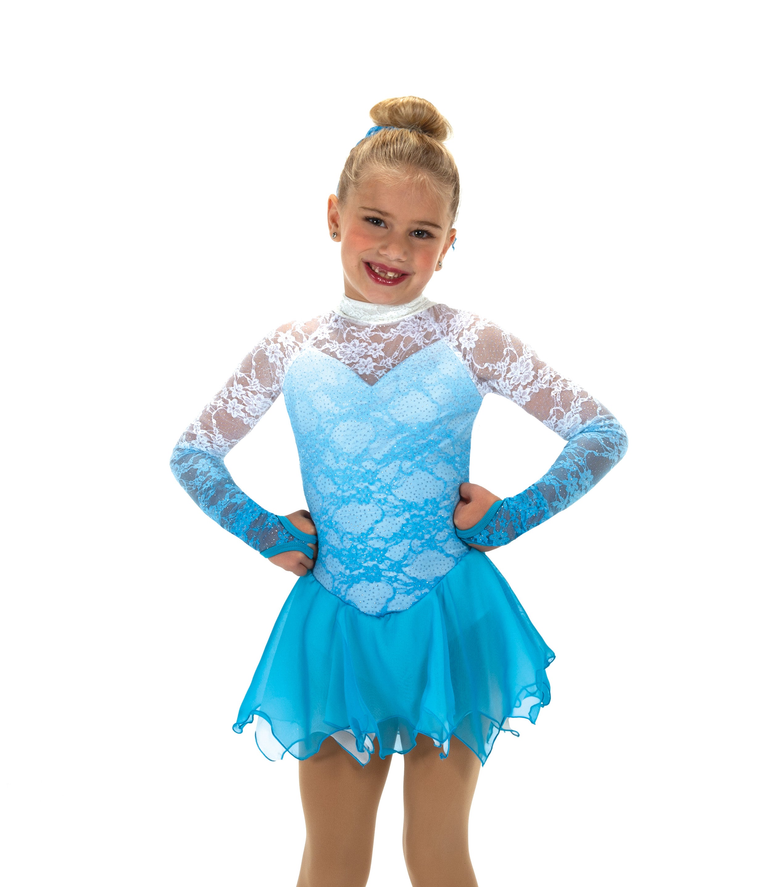 Blue figure skate dress with lace sleeves and flared skirt