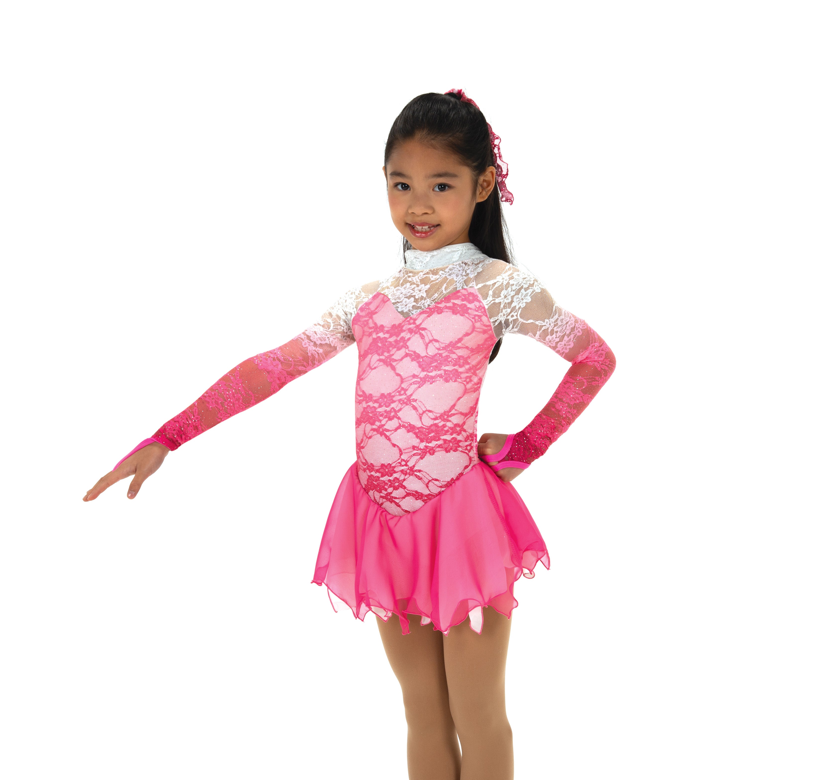 Pink figure skate dress with lace sleeves, front view.