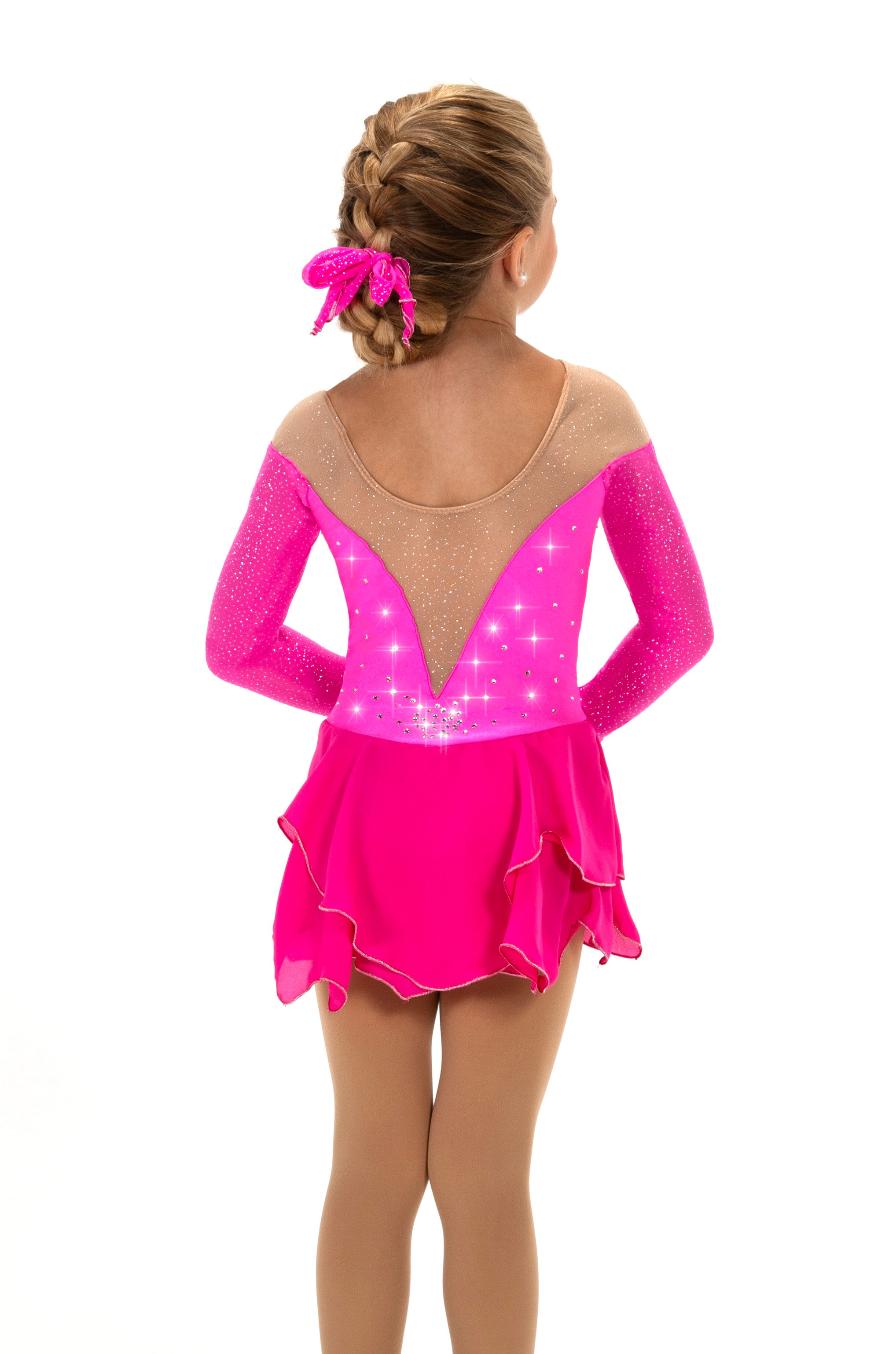 Pink Glow figure skate dress with sparkles, back view