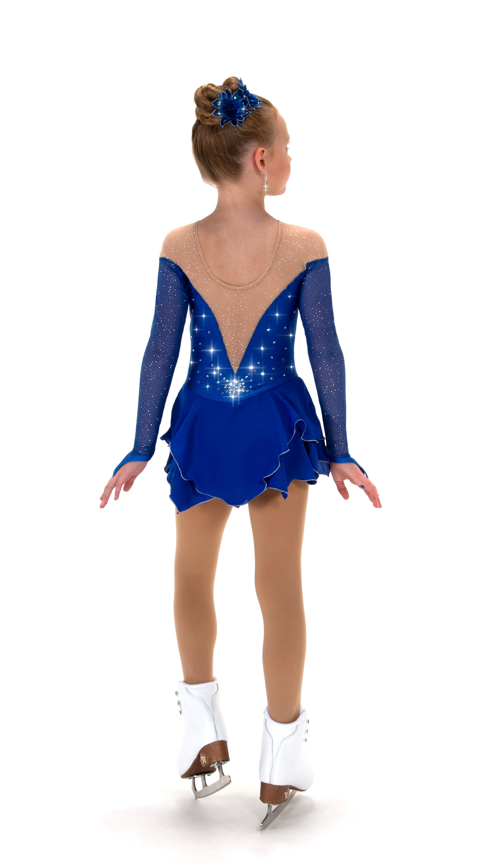 Royal blue figure skate dress with sparkling details, back view.