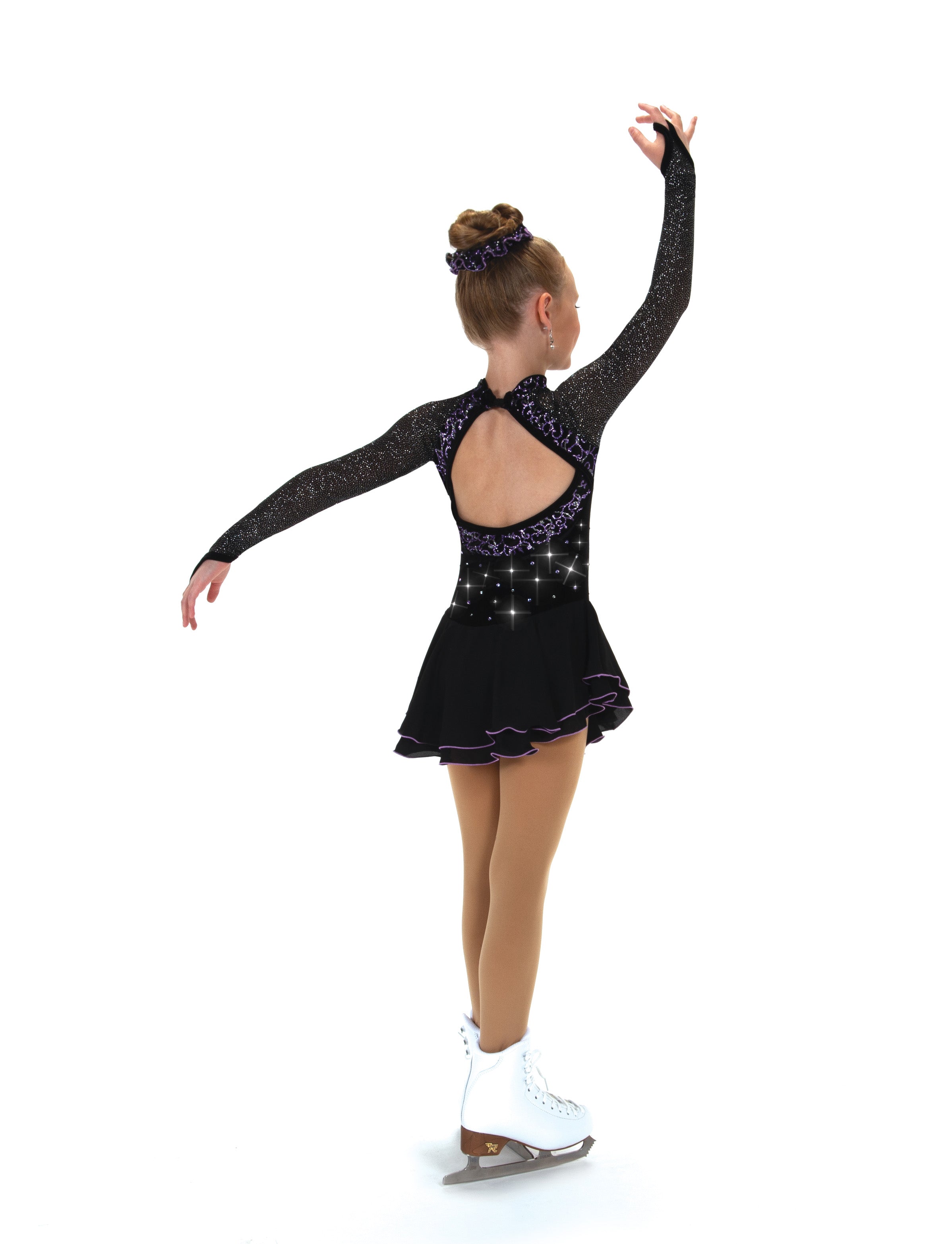 Black Night figure skate dress with open back, rear view