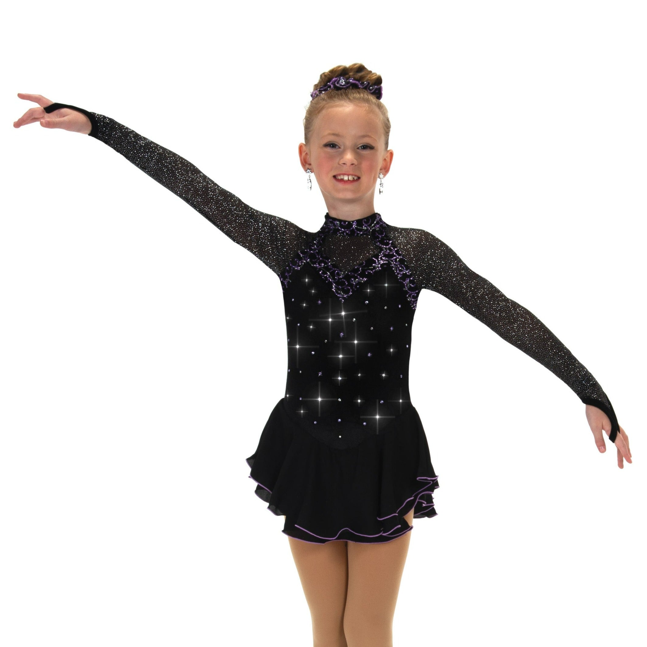 Black Night figure skate dress with sparkling details, front view