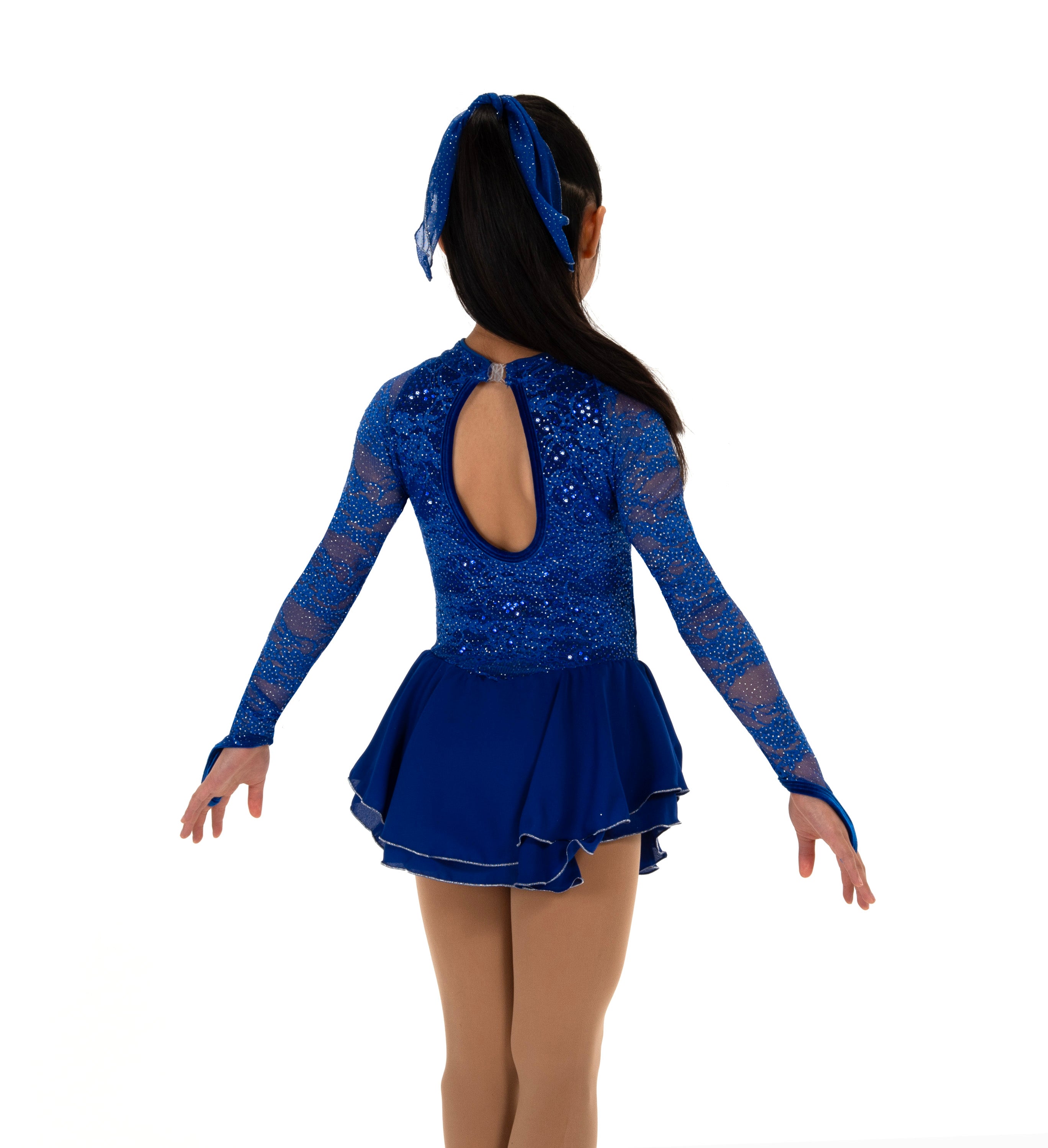 Blue sequin figure skate dress, back view